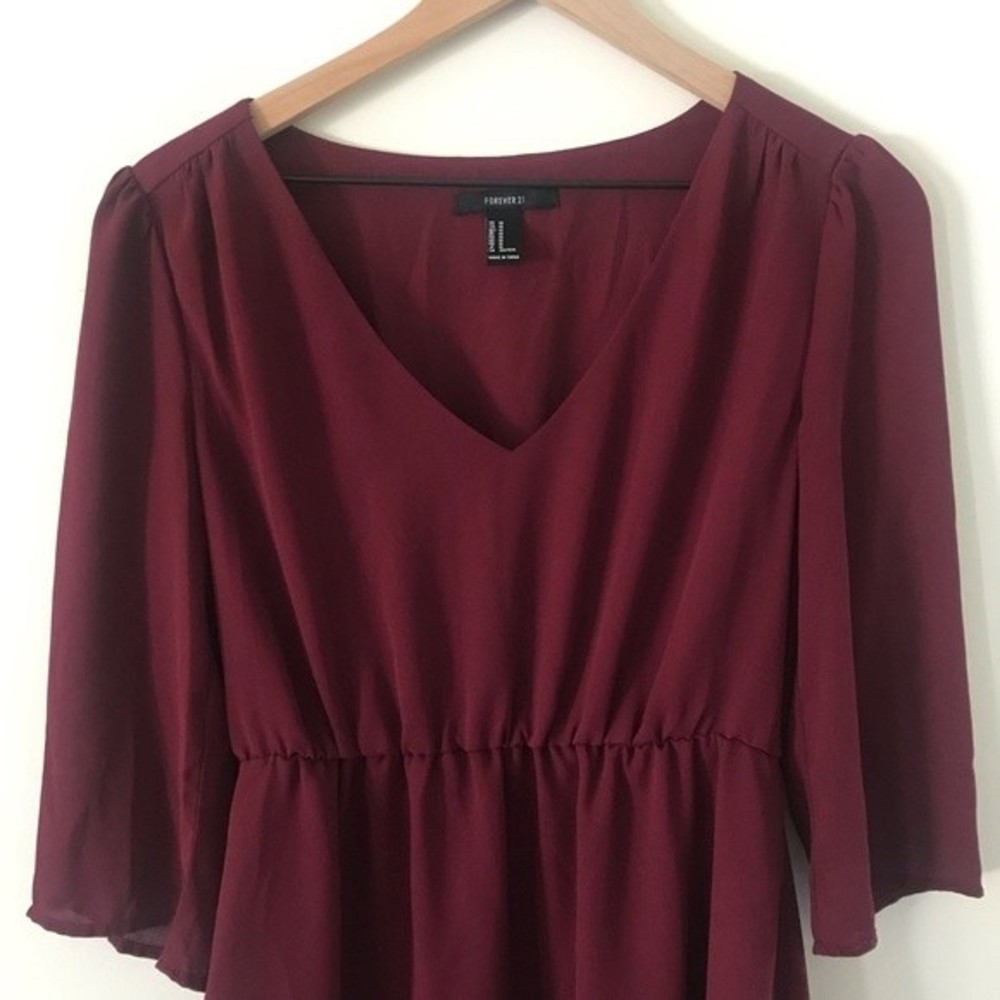 Forever 21 Burgundy Red V-neck Empire Waist Dress - Size Medium - Picture 2 of 5
